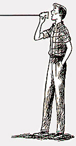 The Make boy holding a cone with string attached to his ear, experimenting with sound.