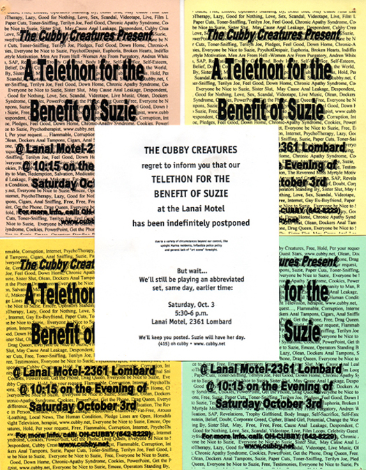 Cubby Creatures flyer announcing cancellation of Telethon for the Benefit of Suzie