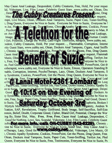 Cubby Creatures hand flyer for Telethon for the Benefit of Suzie at Lanai Motel, Oct 3, 1998