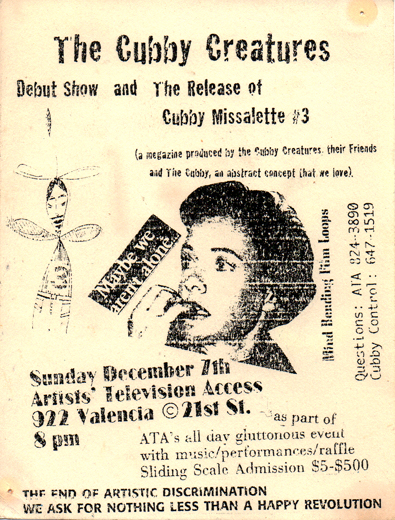 flyer for the Cubby Creatures debut show at A.T.A. December 7, 1997