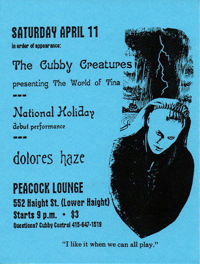 flyer for The Cubby Creatures' The World of Tina, April 11, 1998