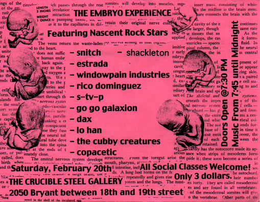 flyer for the Embryo 2 release show, February 20, 1999