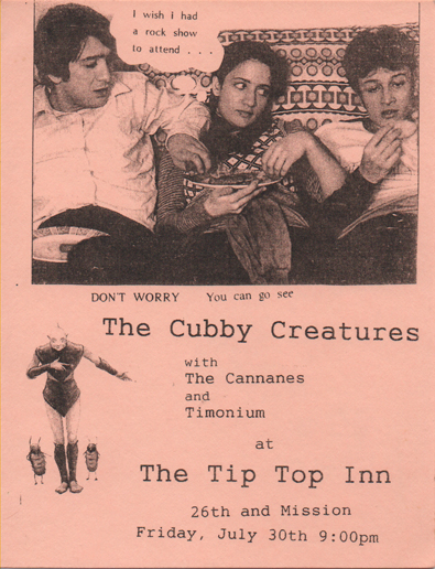 flyer for Tip Top Inn show with the Cannanes and Timonium, July 30, 1999