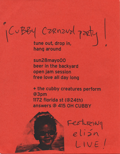 flyer for Carnaval party at Cubby Control featuring the Cubby Creatures, May 28, 2000