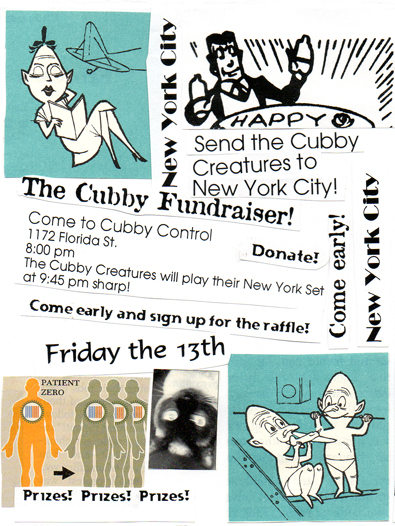 flyer for the Send the Cubby Creatures to New York fundraiser show at Cubby Control, Friday the 13th, October 2000