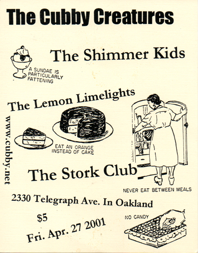 flyer for Stork Club show with the Lemon Limelights and The Shimmer Kids, April 27, 2001