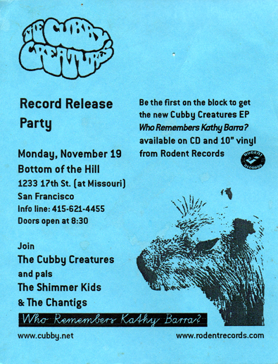 flyer for Who Remembers Kathy Barra release show at Bottom of the Hill, November 19, 2001
