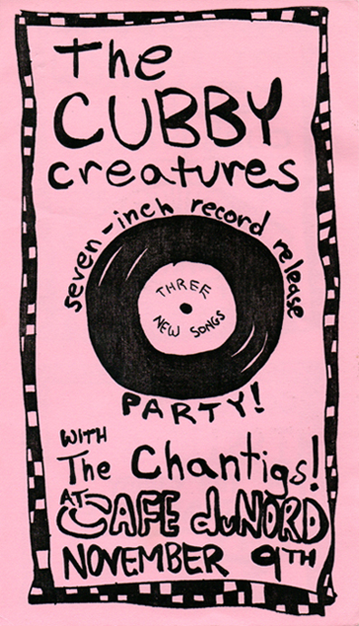 flyer for Cubby Creatures' three sides of cubby 7-inch release show at CafCafé du Nord, November 9, 2002