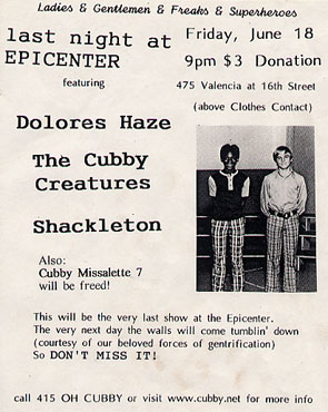 original handbill for Epicenter Zone show with Shackleton and Dolores Haze Jun. 18, 1999