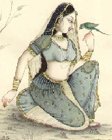 painting of an Indian woman with a bird on her hand