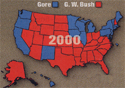 Gore and G.W. Bush, blue and red states, 2000 election